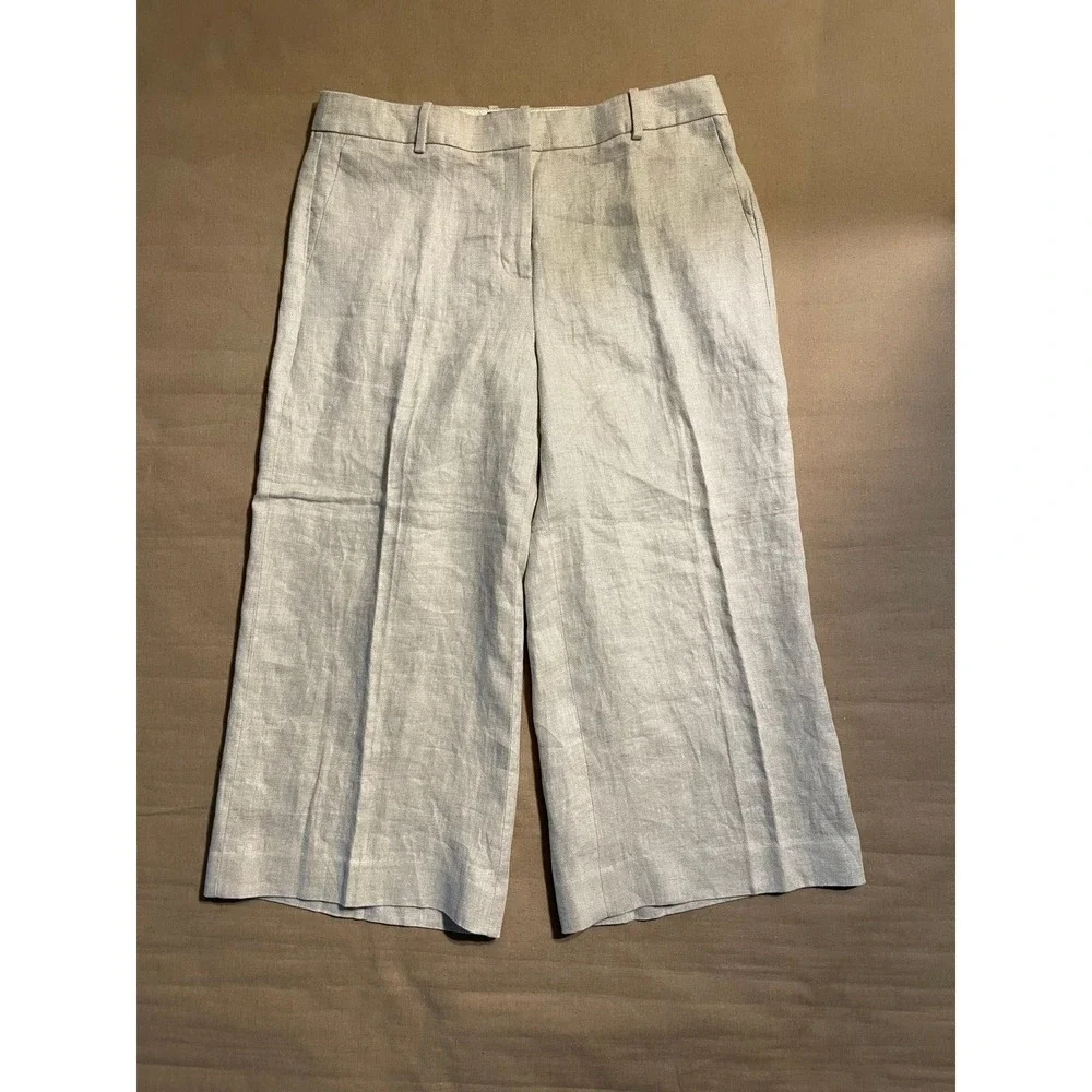J. Crew Linen Wide Leg Ankle Pants Women's Size 12 Cream Preppy Coastal Work